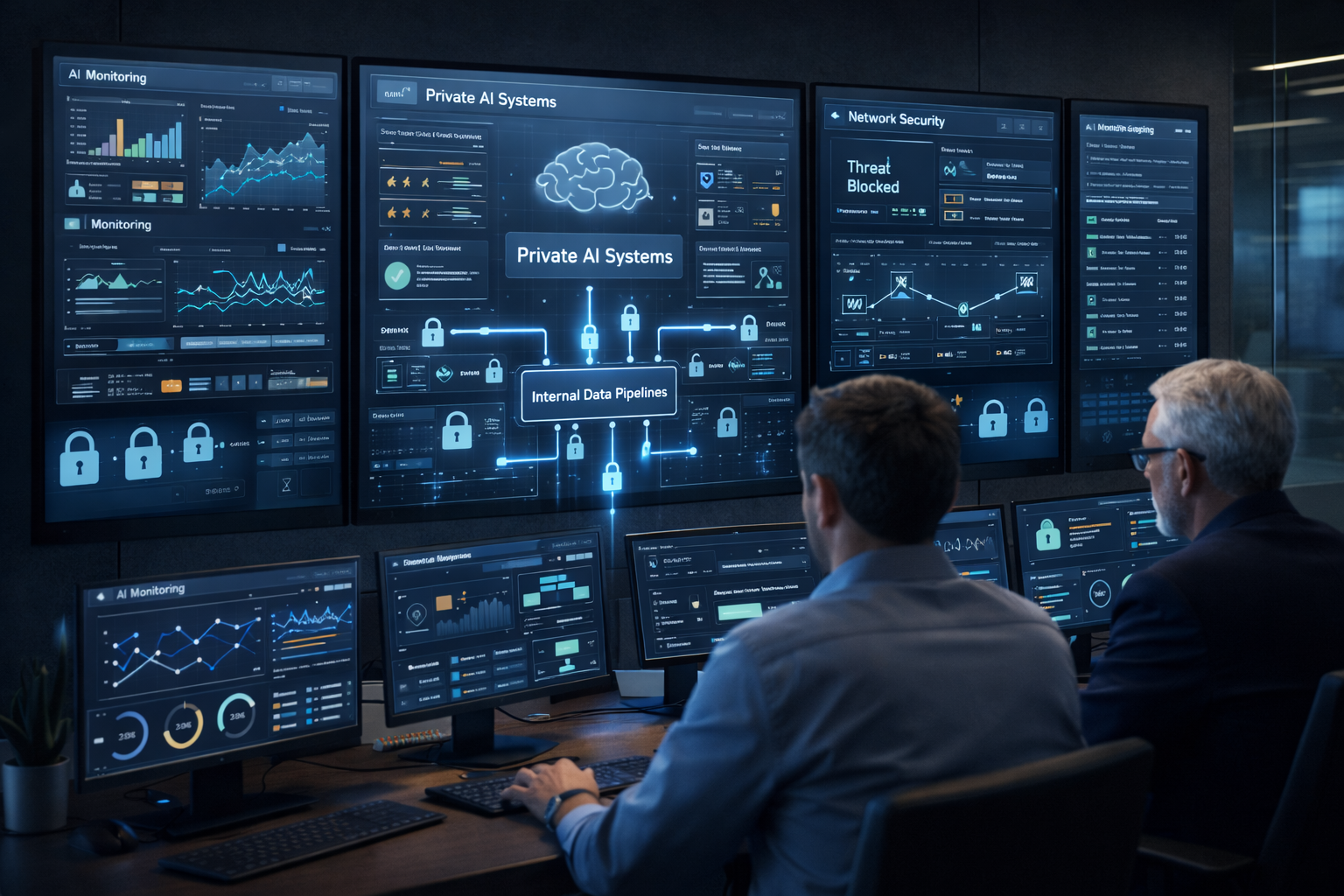 enterprise team monitoring secure private AI systems and internal data pipelines inside company infrastructure